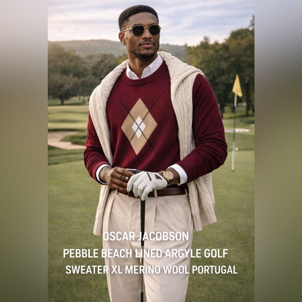 Oscar Jacobson Pebble Beach Lined Argyle Golf Sweater XL Merino Wool Portugal
